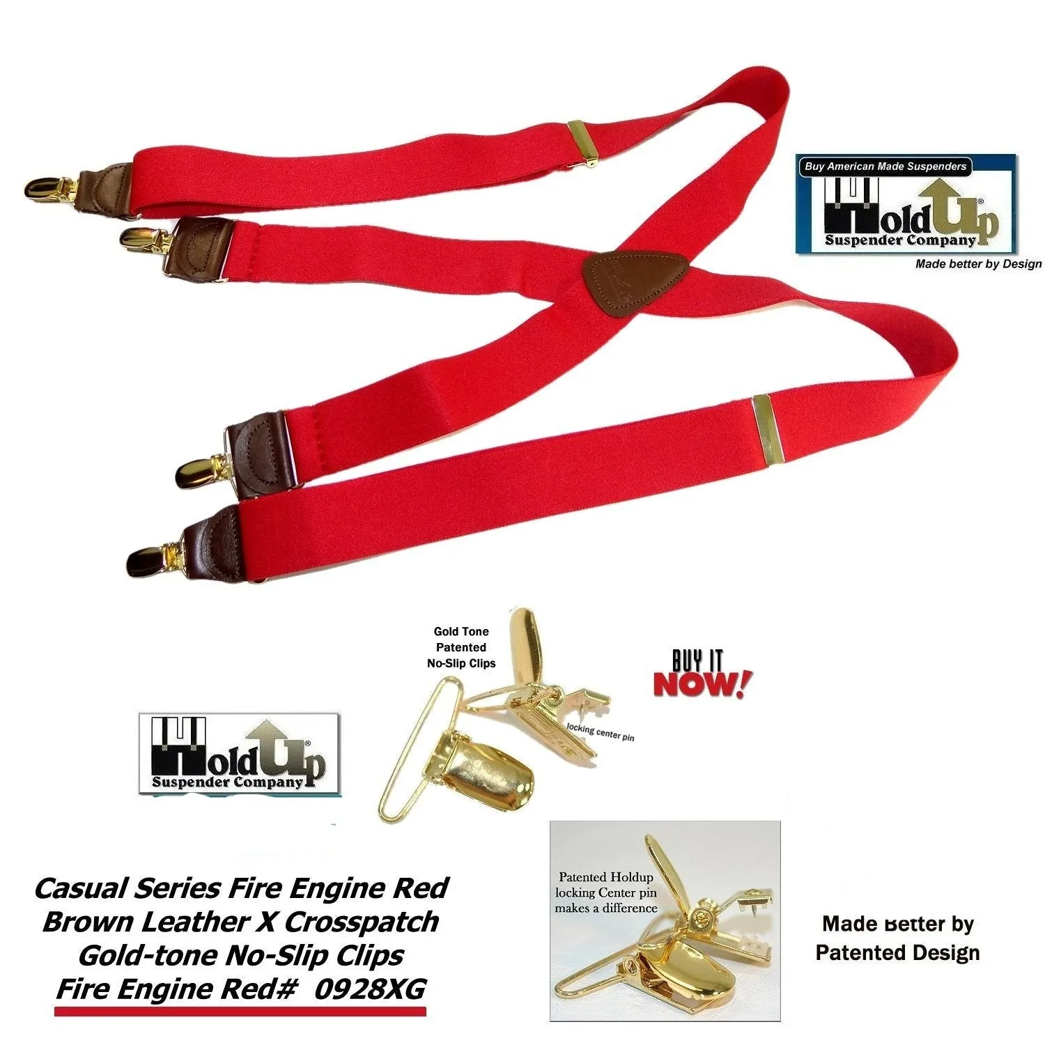 Holdup's Fire Engine Red Casual Series Suspenders in X-back Style with USA Patented No-slip Gold Clips