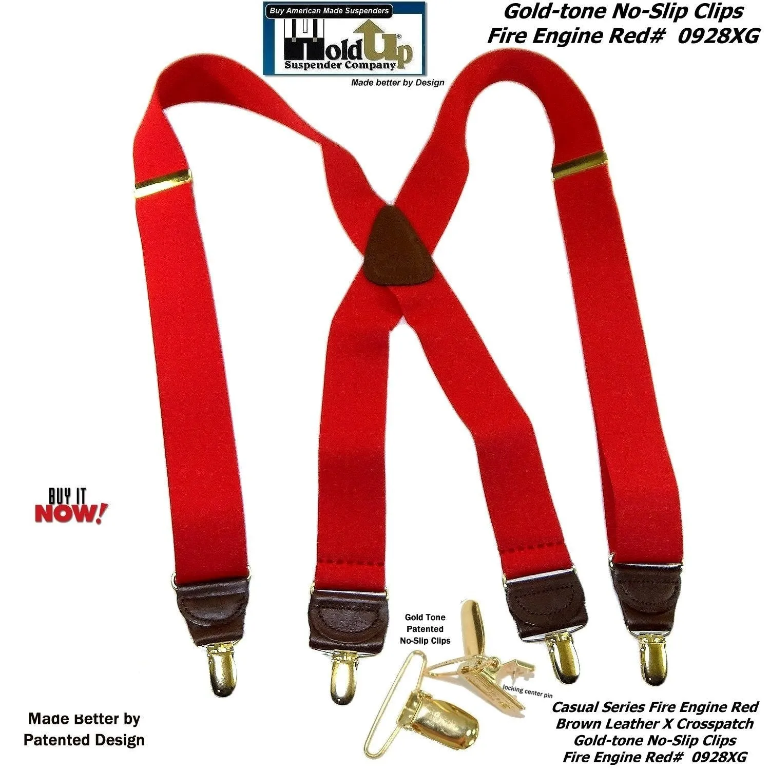 Holdup's Fire Engine Red Casual Series Suspenders in X-back Style with USA Patented No-slip Gold Clips