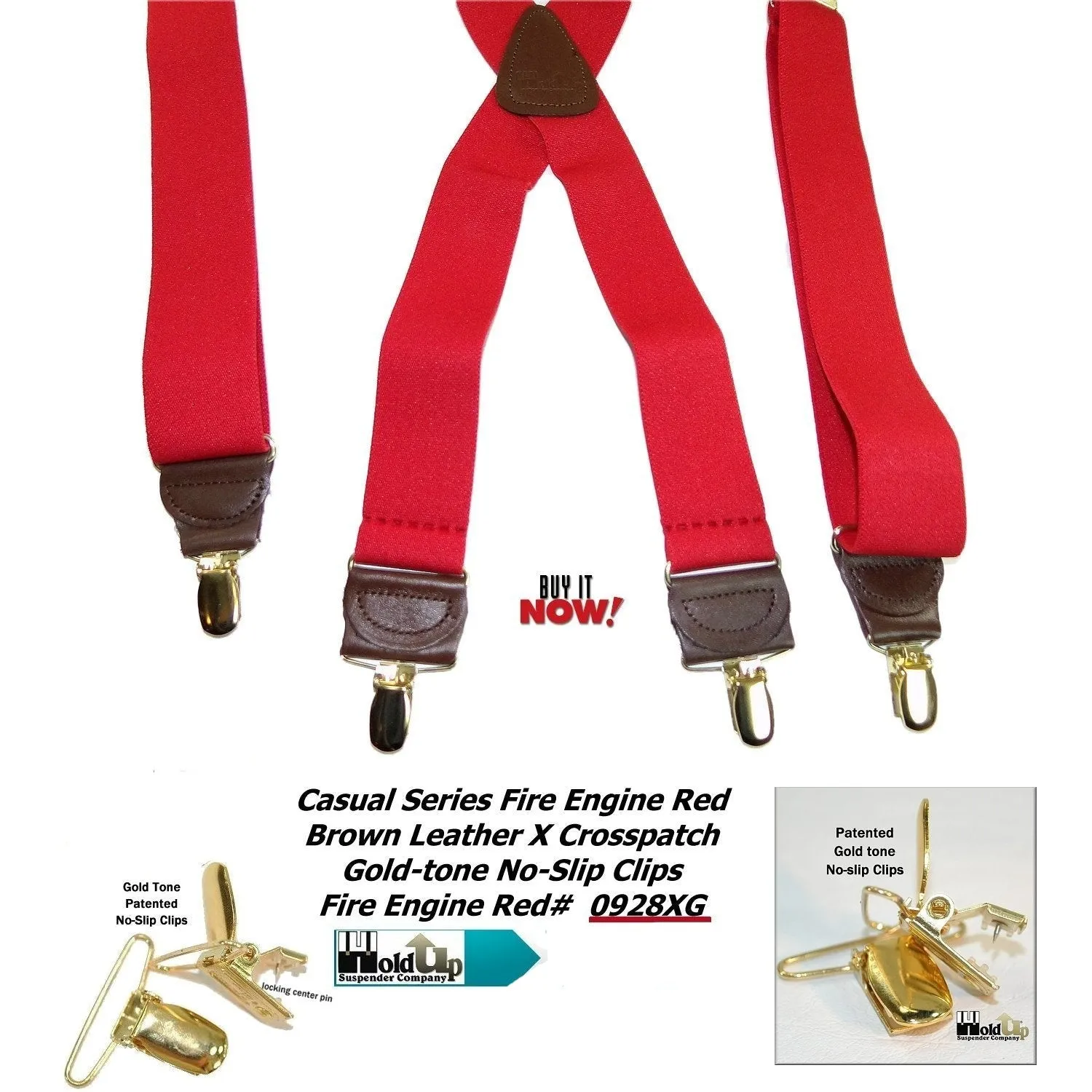 Holdup's Fire Engine Red Casual Series Suspenders in X-back Style with USA Patented No-slip Gold Clips