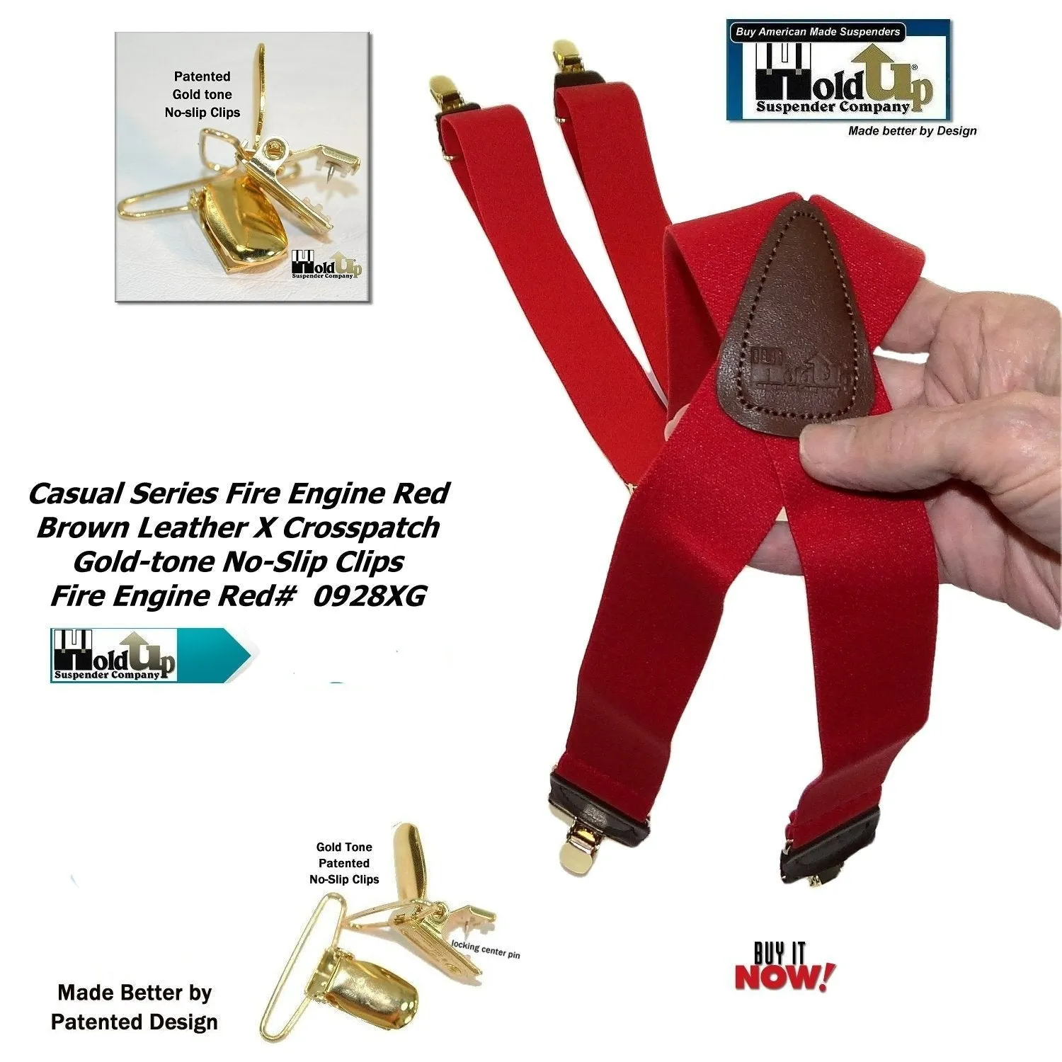 Holdup's Fire Engine Red Casual Series Suspenders in X-back Style with USA Patented No-slip Gold Clips