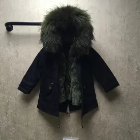 Kids Black Parka - Olive Green Fur