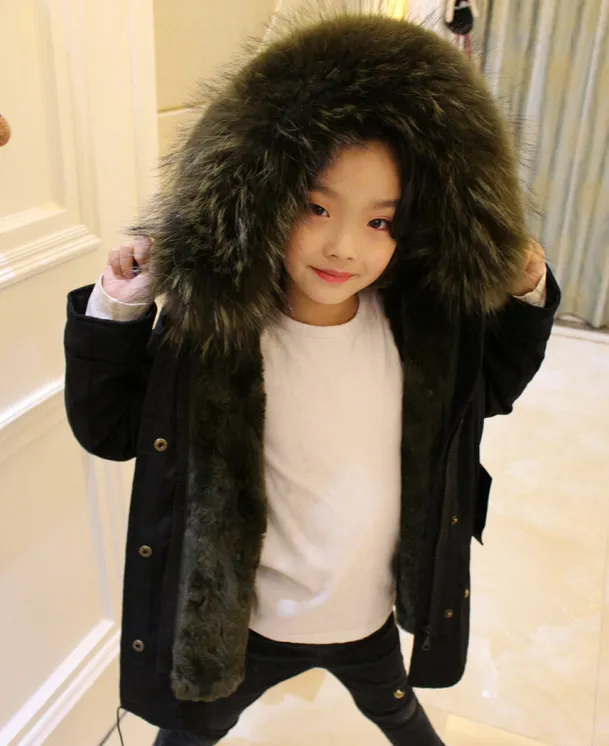 Kids Black Parka - Olive Green Fur