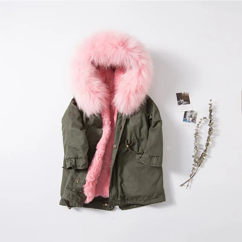 Kids Green Parka - Pink Fur