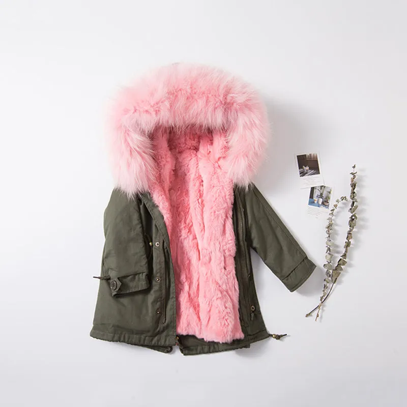 Kids Green Parka - Pink Fur