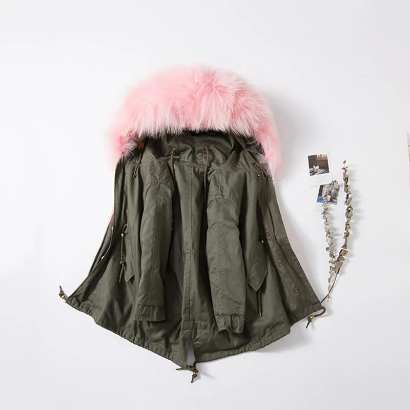 Kids Green Parka - Pink Fur