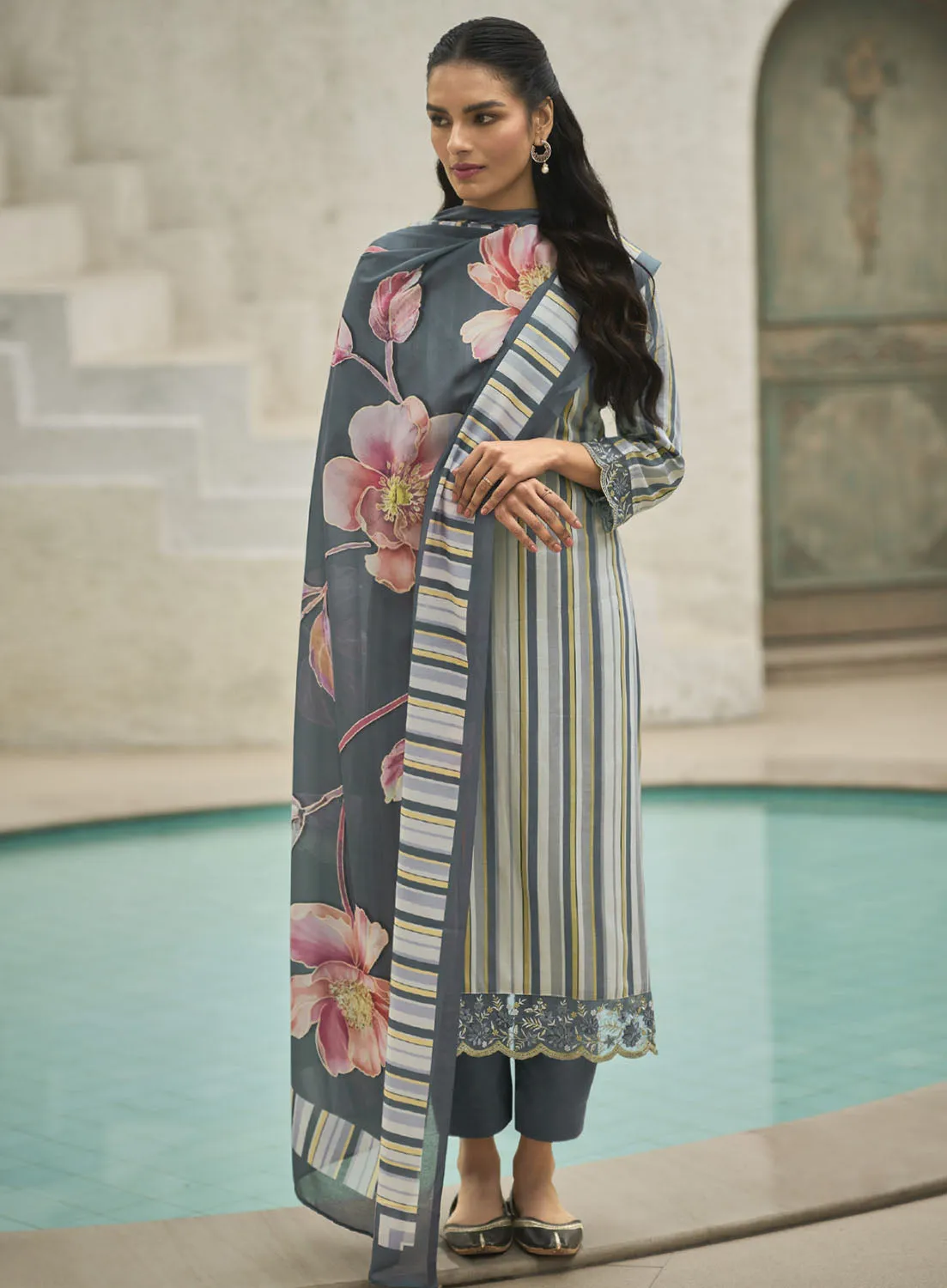 Kilory Grey Unstitched Cotton Salwar Suit Material with Fancy Work