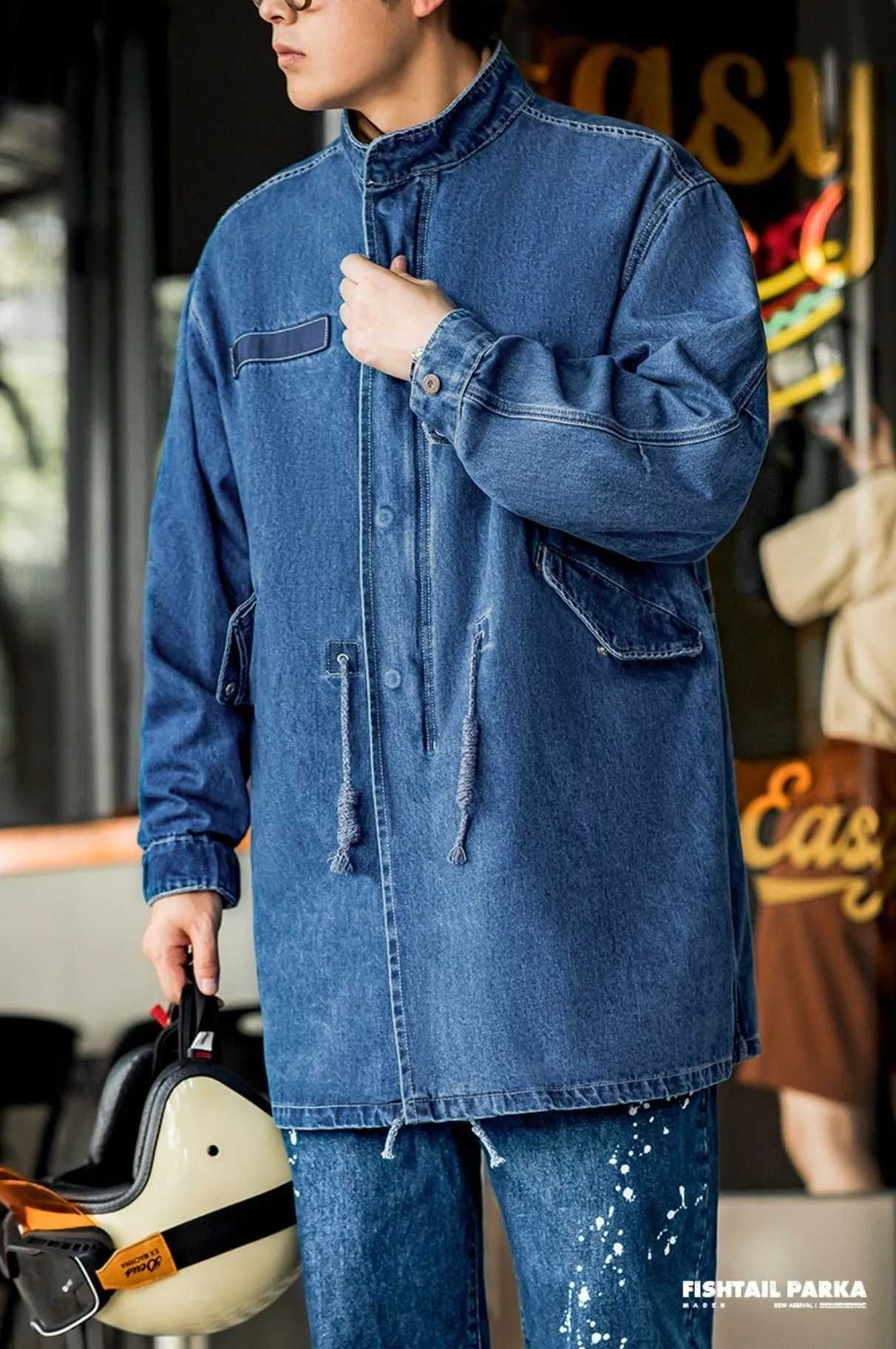 Maden American Retro M65 Denim Fishtail Trench Coats Loose Profile Mid-length Windbreaker Men's Autumn Jackets Casual Overcoat