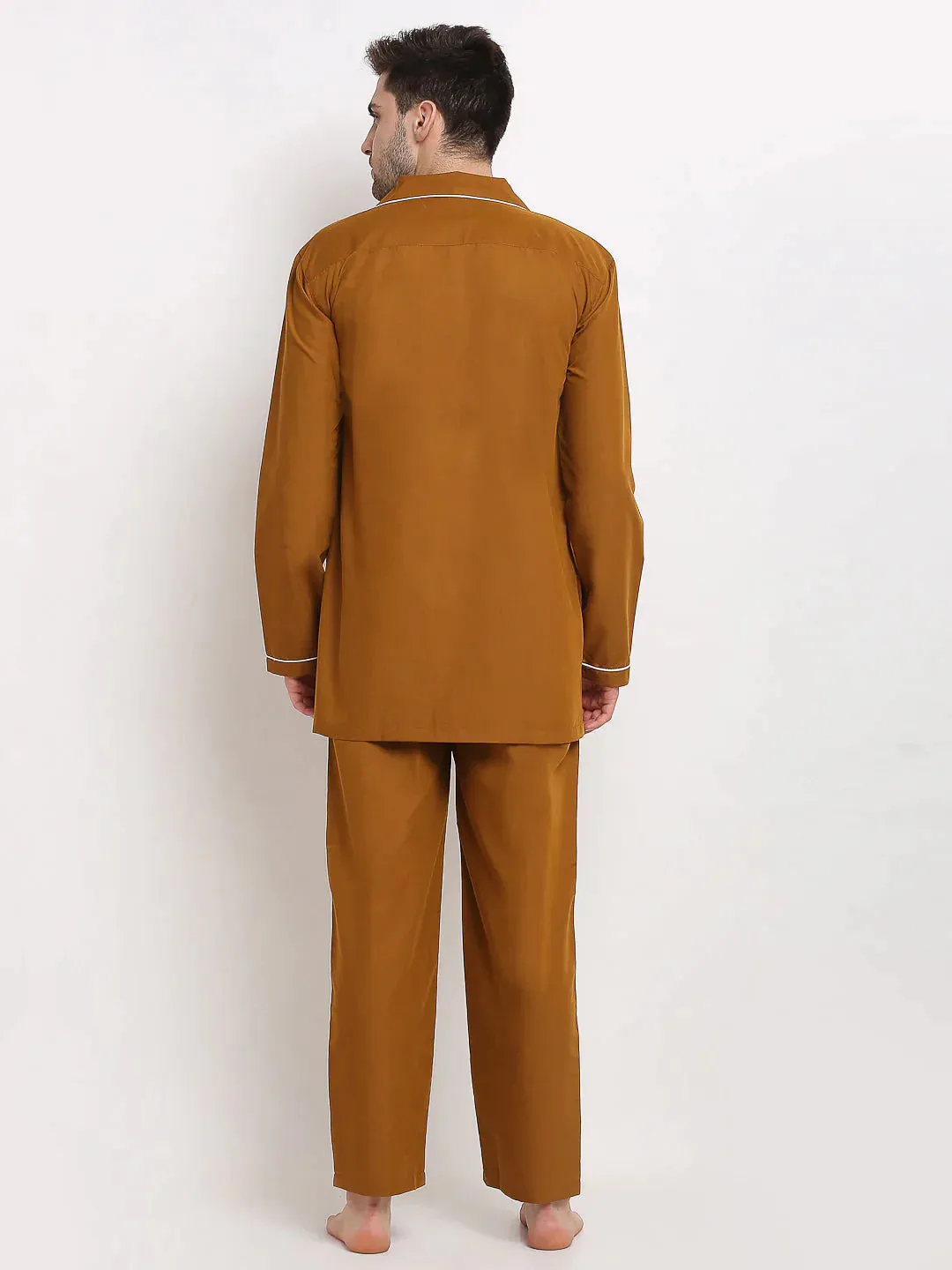 Men'S Mustard Cotton Solid Night Suits