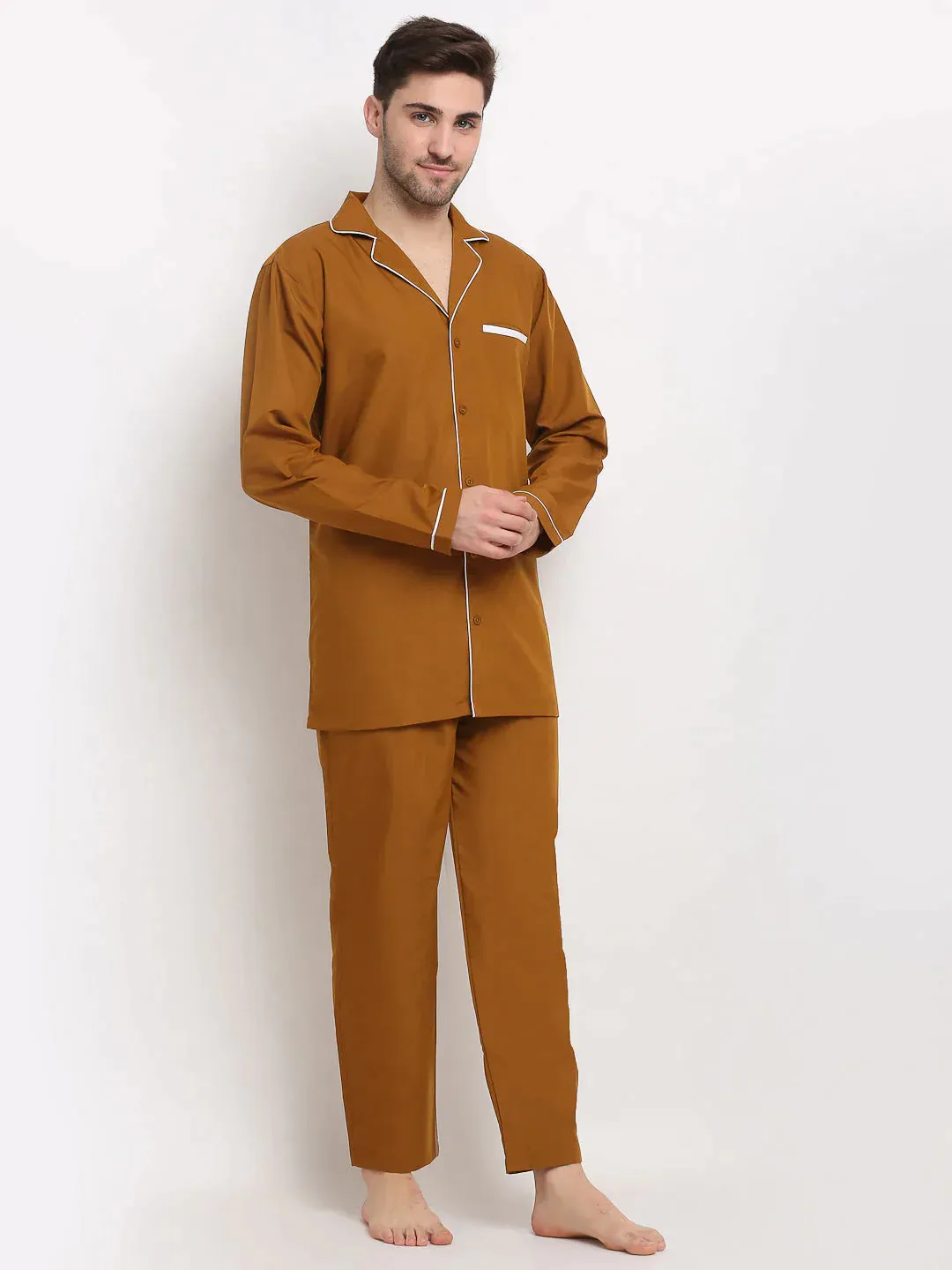 Men'S Mustard Cotton Solid Night Suits