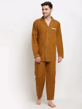 Men'S Mustard Cotton Solid Night Suits