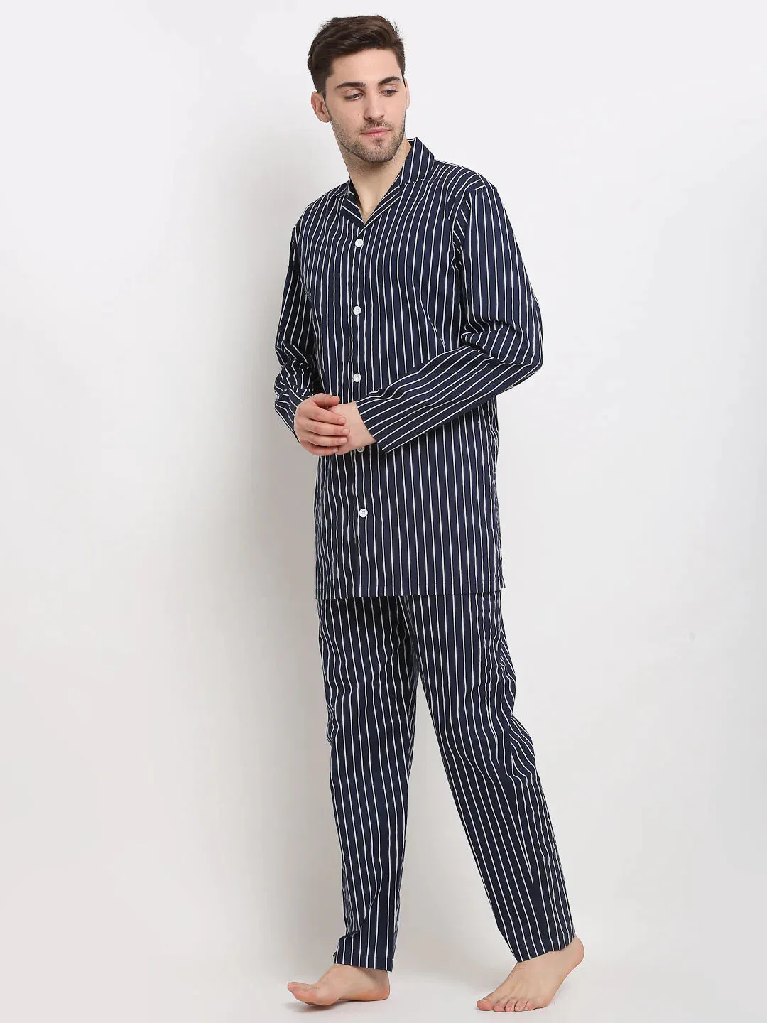 Men'S Navy Cotton Striped Night Suits