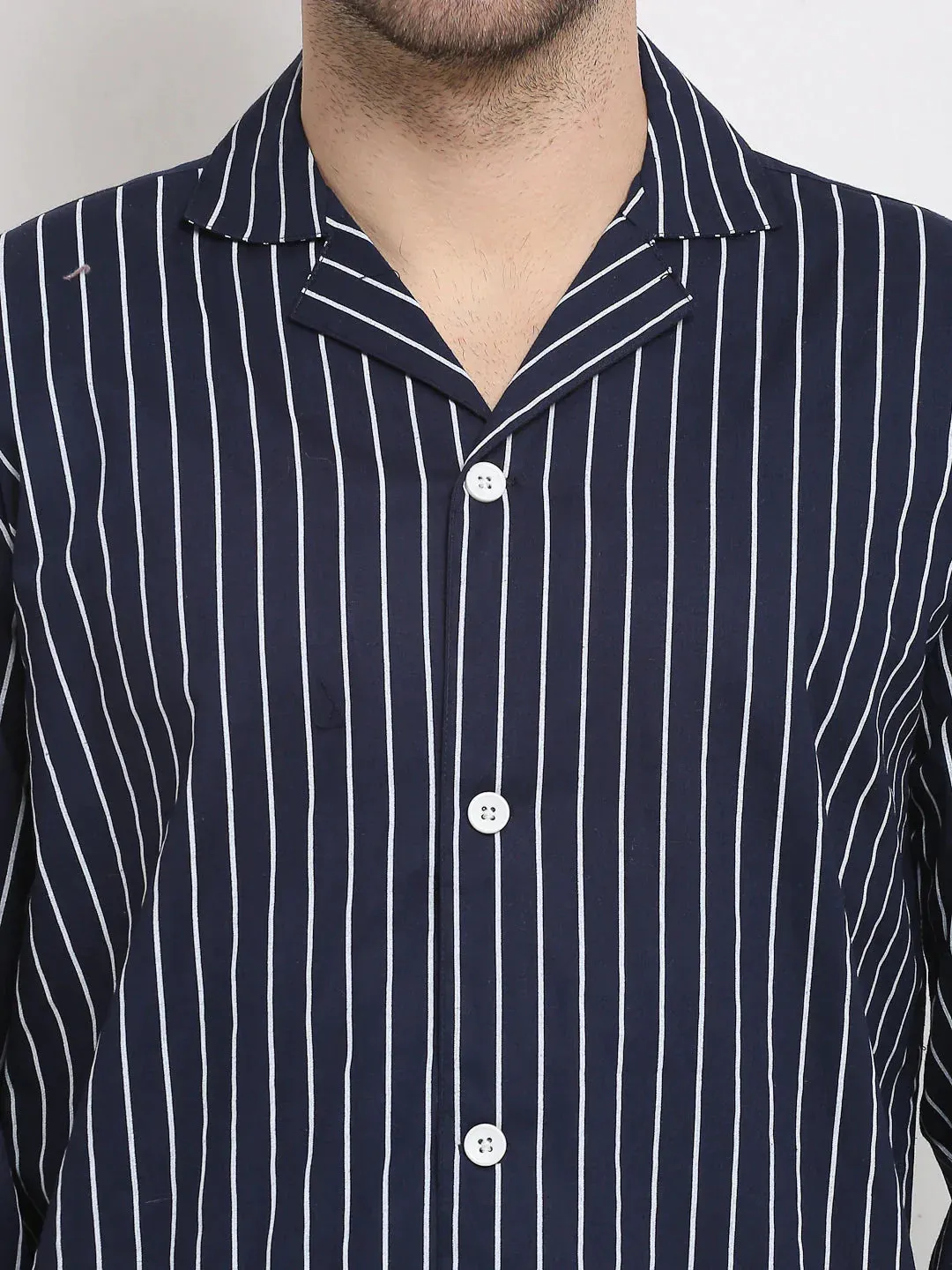 Men'S Navy Cotton Striped Night Suits