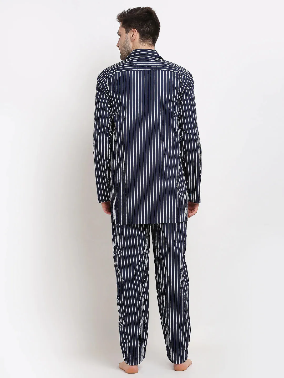 Men'S Navy Cotton Striped Night Suits