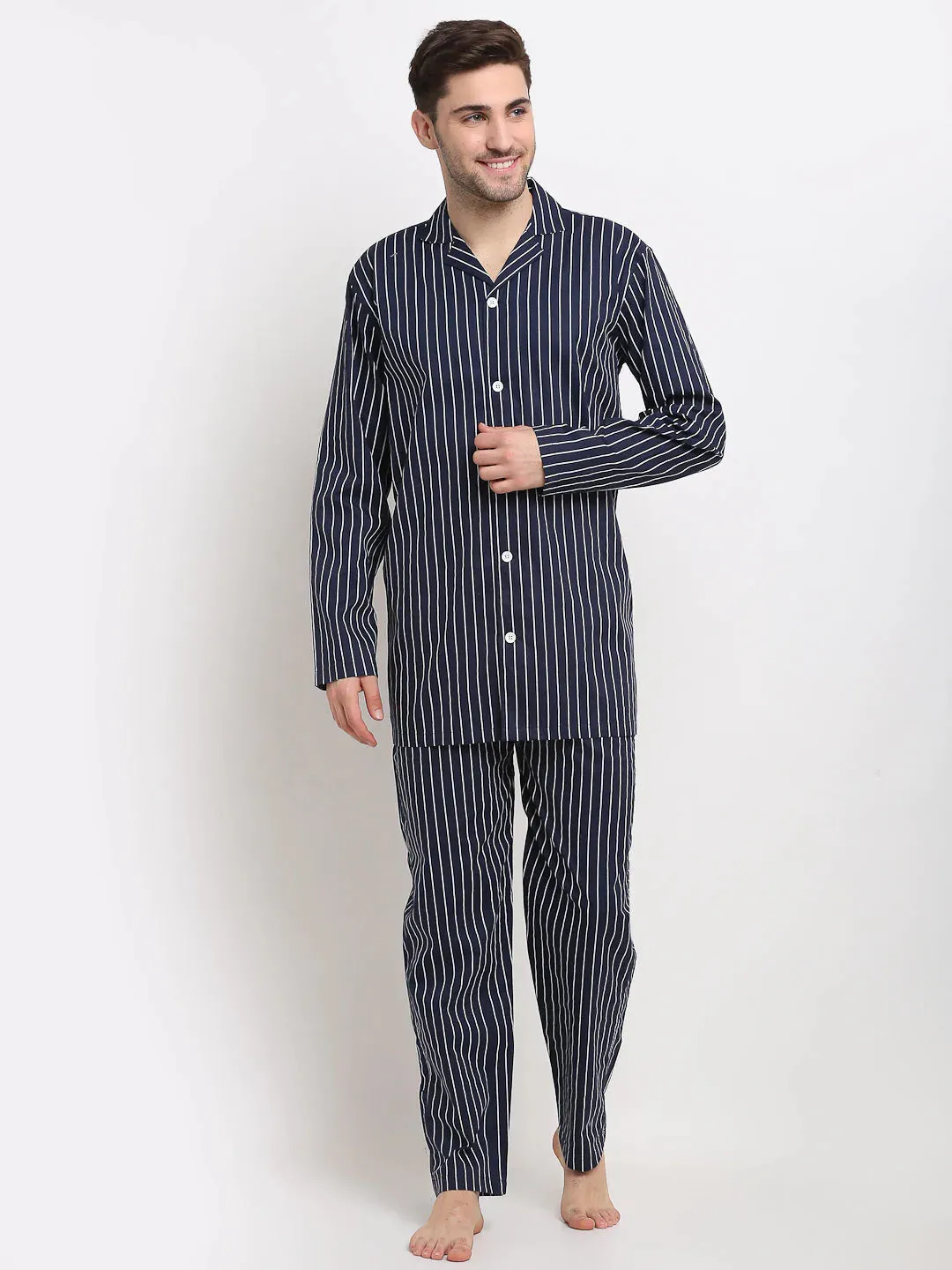 Men'S Navy Cotton Striped Night Suits