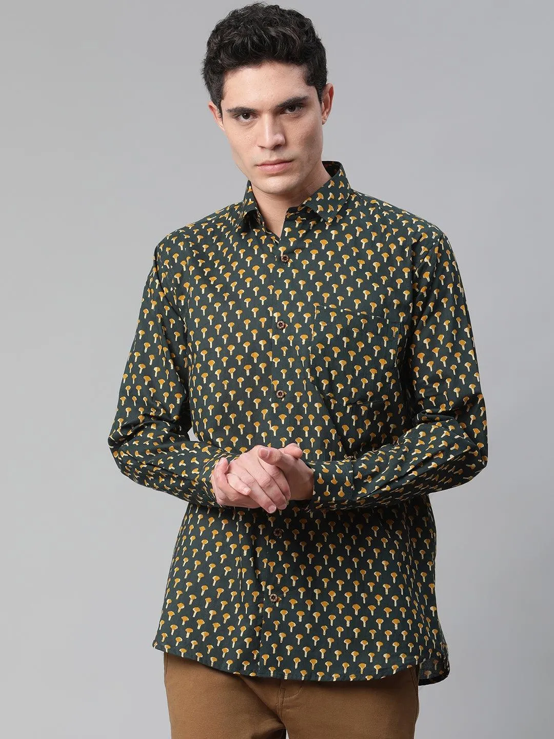 Millennial Men Dark Green  & Mustard Cotton  Full Sleeve  Shirt For Men-Mmf0284