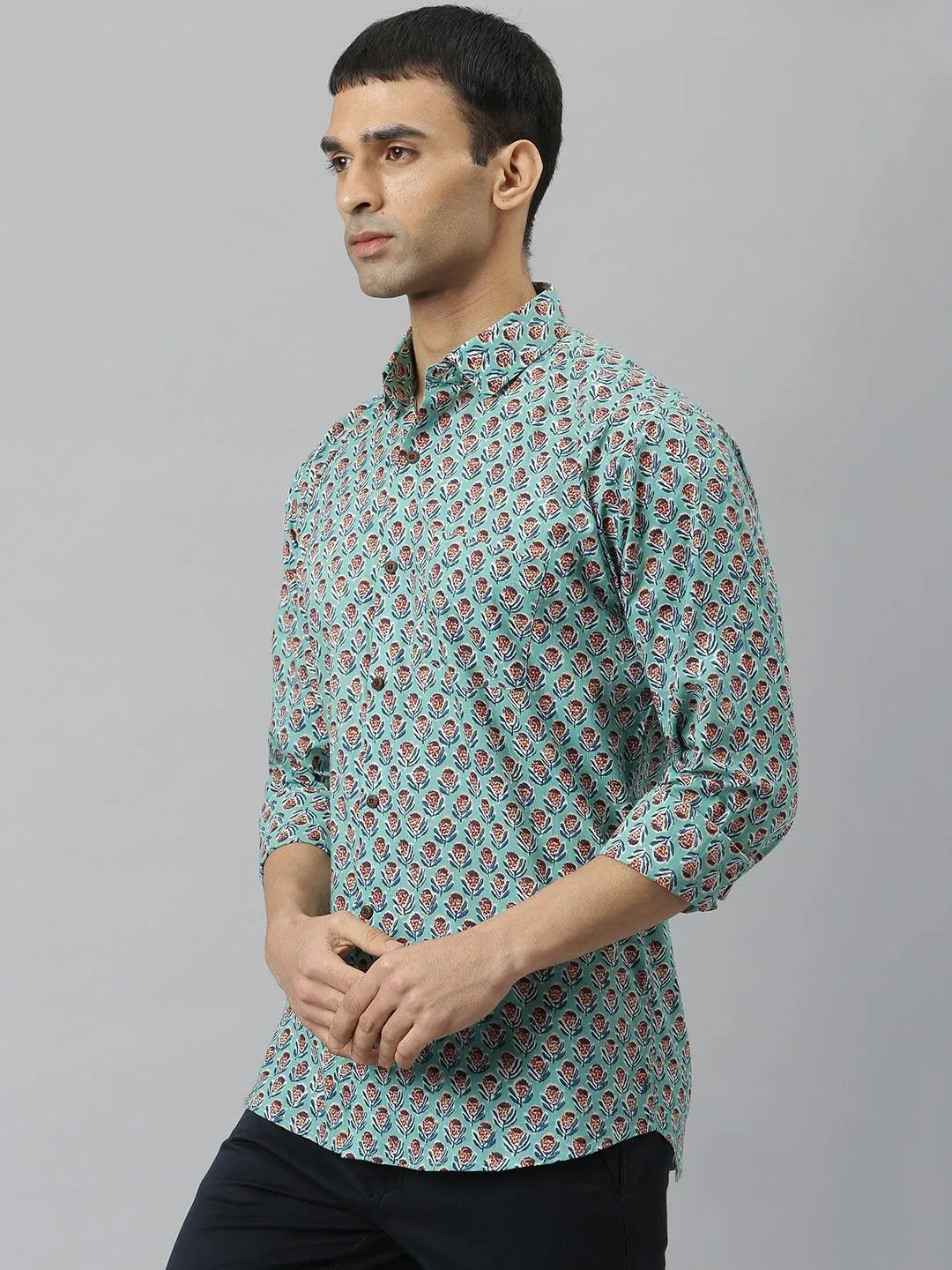 Millennial Men Sea Green & Blue  Cotton  Full Sleeve  Shirt For Men-Mmf0280