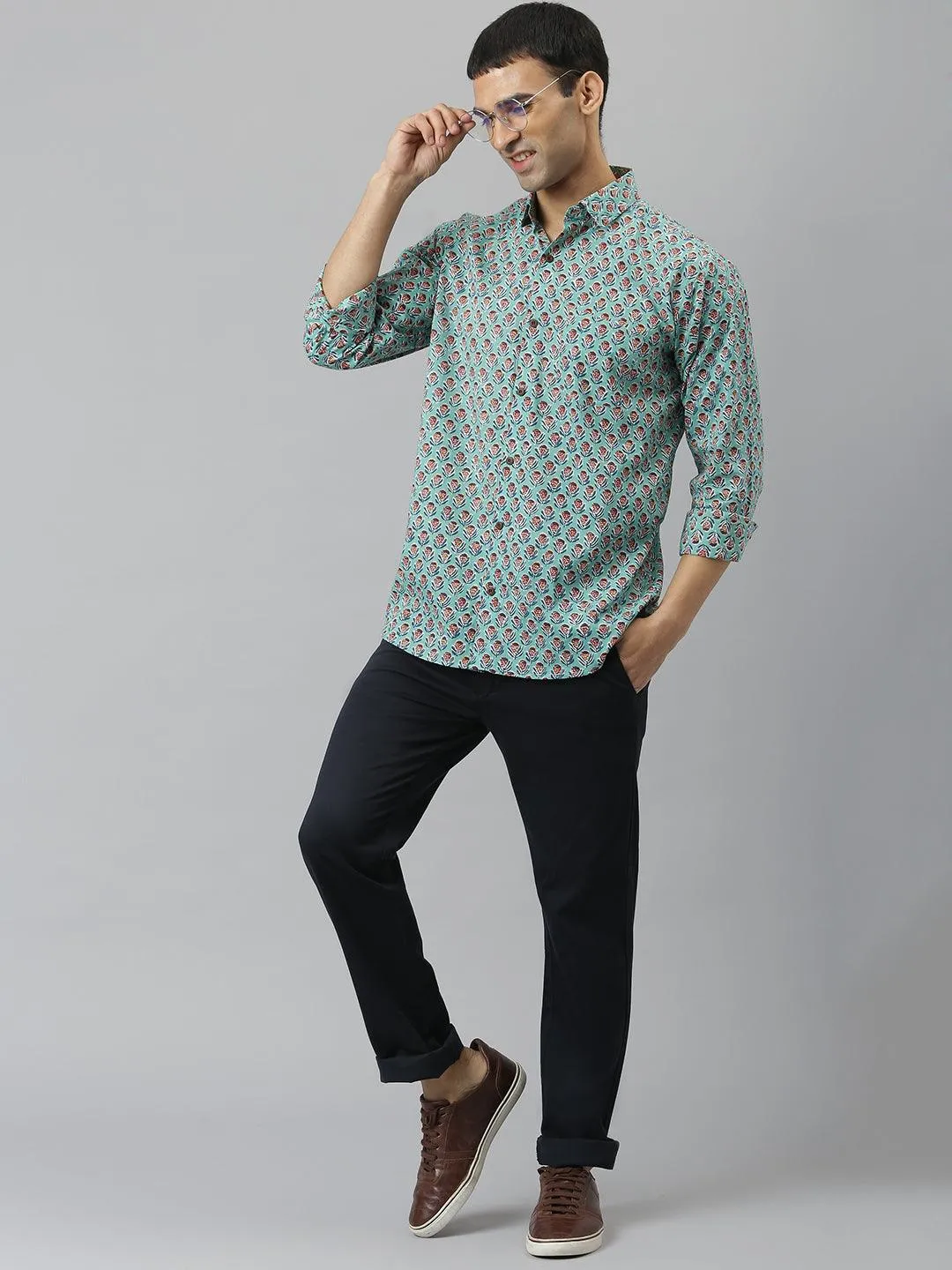 Millennial Men Sea Green & Blue  Cotton  Full Sleeve  Shirt For Men-Mmf0280