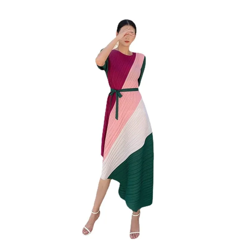 Miyake Pleated Color Block Asymmetric Midi Dress