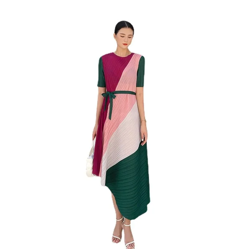 Miyake Pleated Color Block Asymmetric Midi Dress