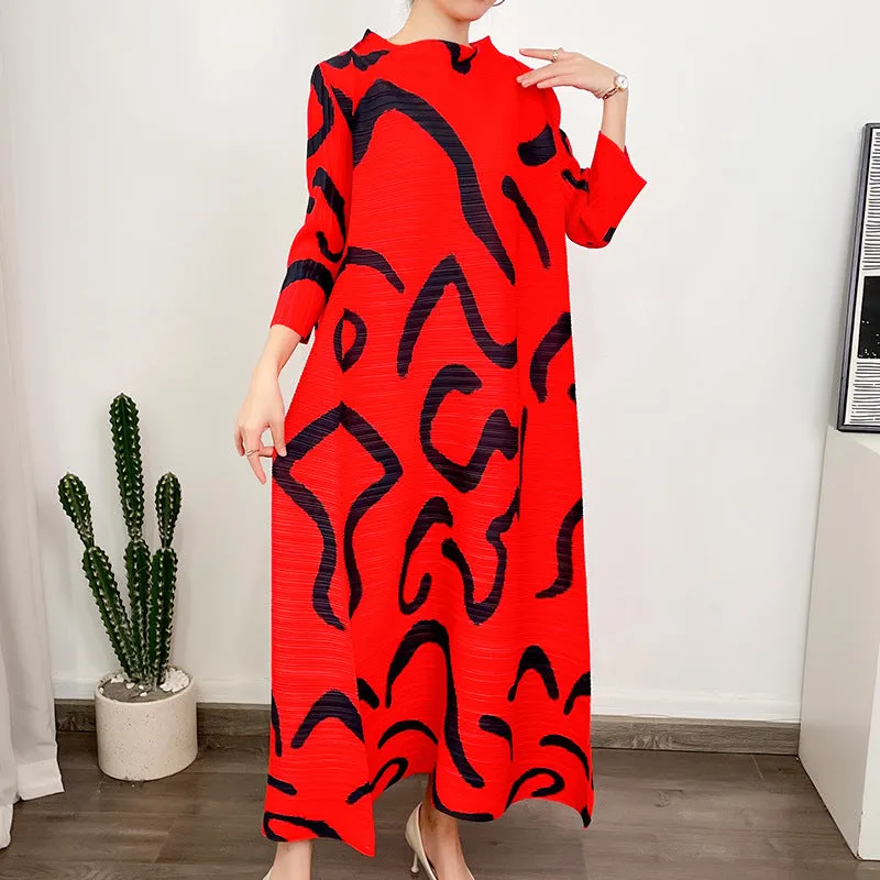 Miyake Pleated Printed O-Neck Maxi Dress