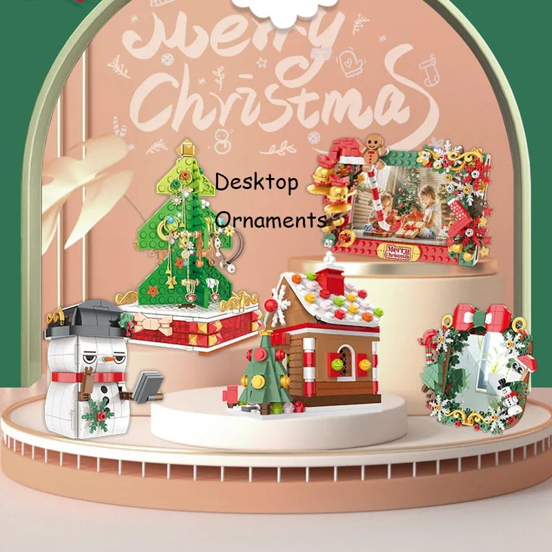 MOC Creative Christmas Fun Desk Mirror Bricks Santa Claus Gingerbread House Sets Building Block Decoration Toys Kids Boys Gifts