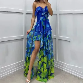 Off Shoulder Slim Banquet New Strapless Hollow Out Evening Ruffle Printed 's Long Summer Elegant Dress