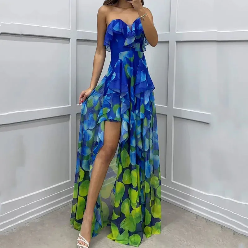 Off Shoulder Slim Banquet New Strapless Hollow Out Evening Ruffle Printed 's Long Summer Elegant Dress