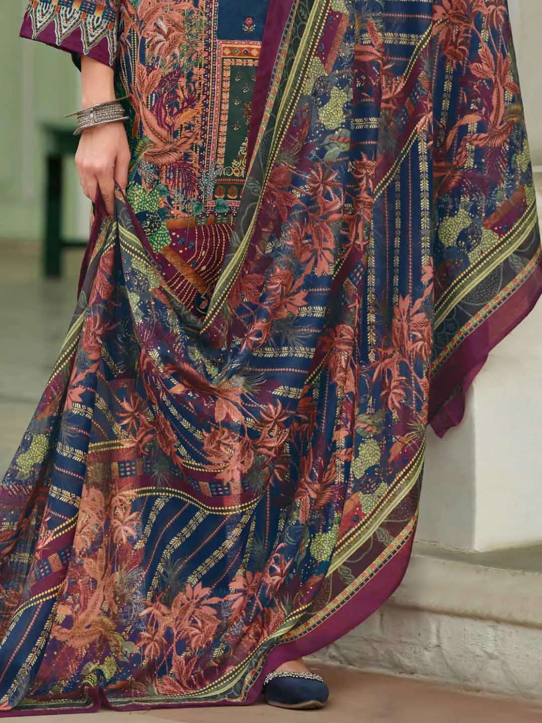 Pakistani Print Blue Unstitched Pure Cotton Suit Material with Embroidery