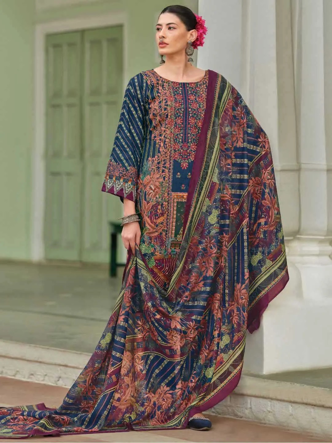 Pakistani Print Blue Unstitched Pure Cotton Suit Material with Embroidery