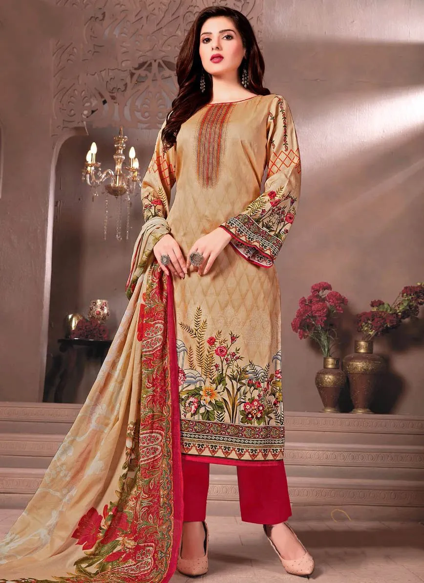 Pakistani Unstitched Orange Lawn Cotton Suit Set