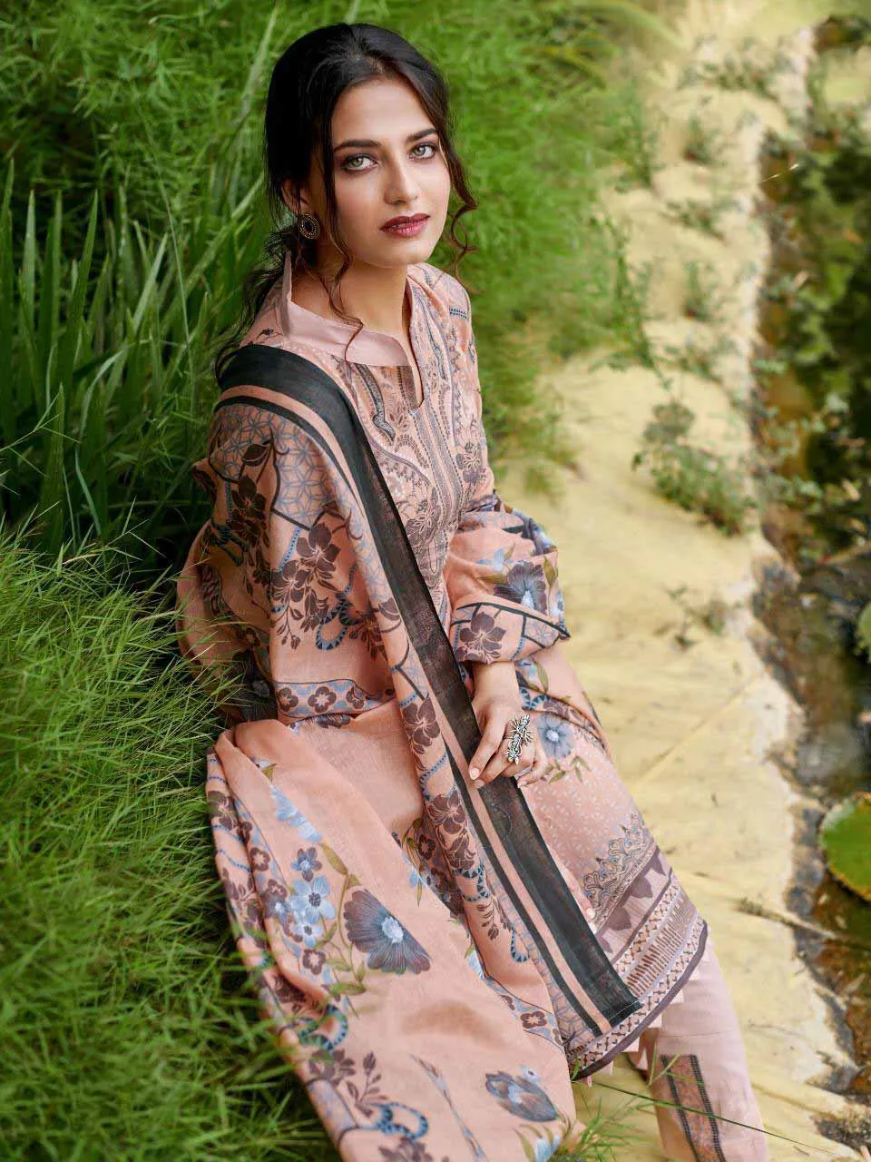 Peach Pakistani Style Lawn Cotton Suit Material for Ladies