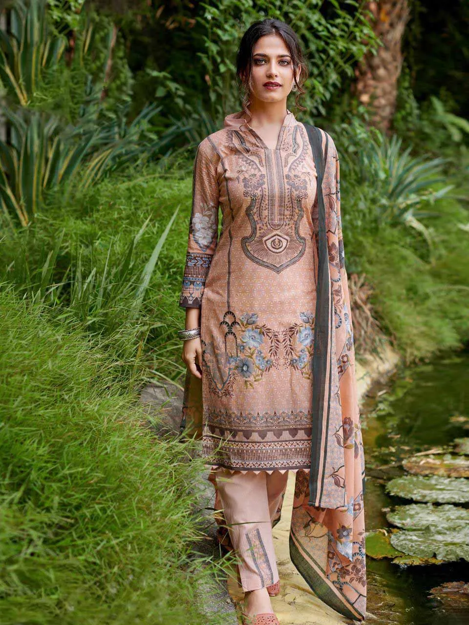 Peach Pakistani Style Lawn Cotton Suit Material for Ladies