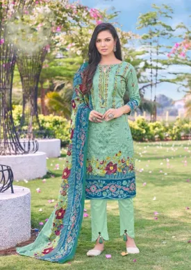 Printed Lawn Cotton Green Pakistani Dress Material for Women