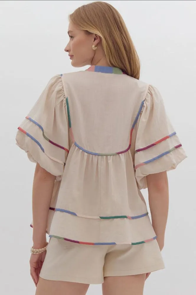 Puff Sleeve V Neck with Multicolor Trim in Ecru by Entro