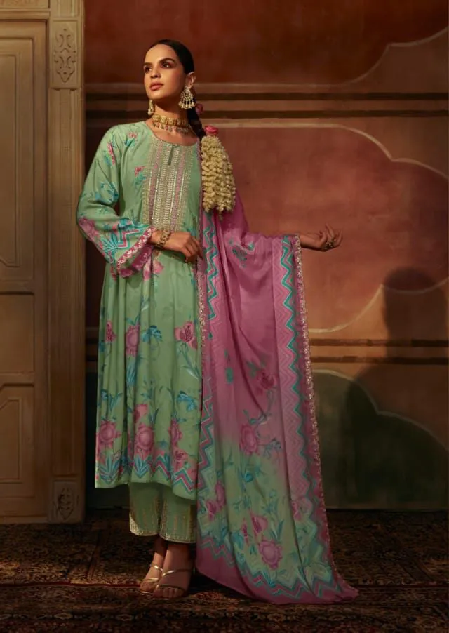 Pure Muslin Green Unstitched Suit Dress Material with Embroidery