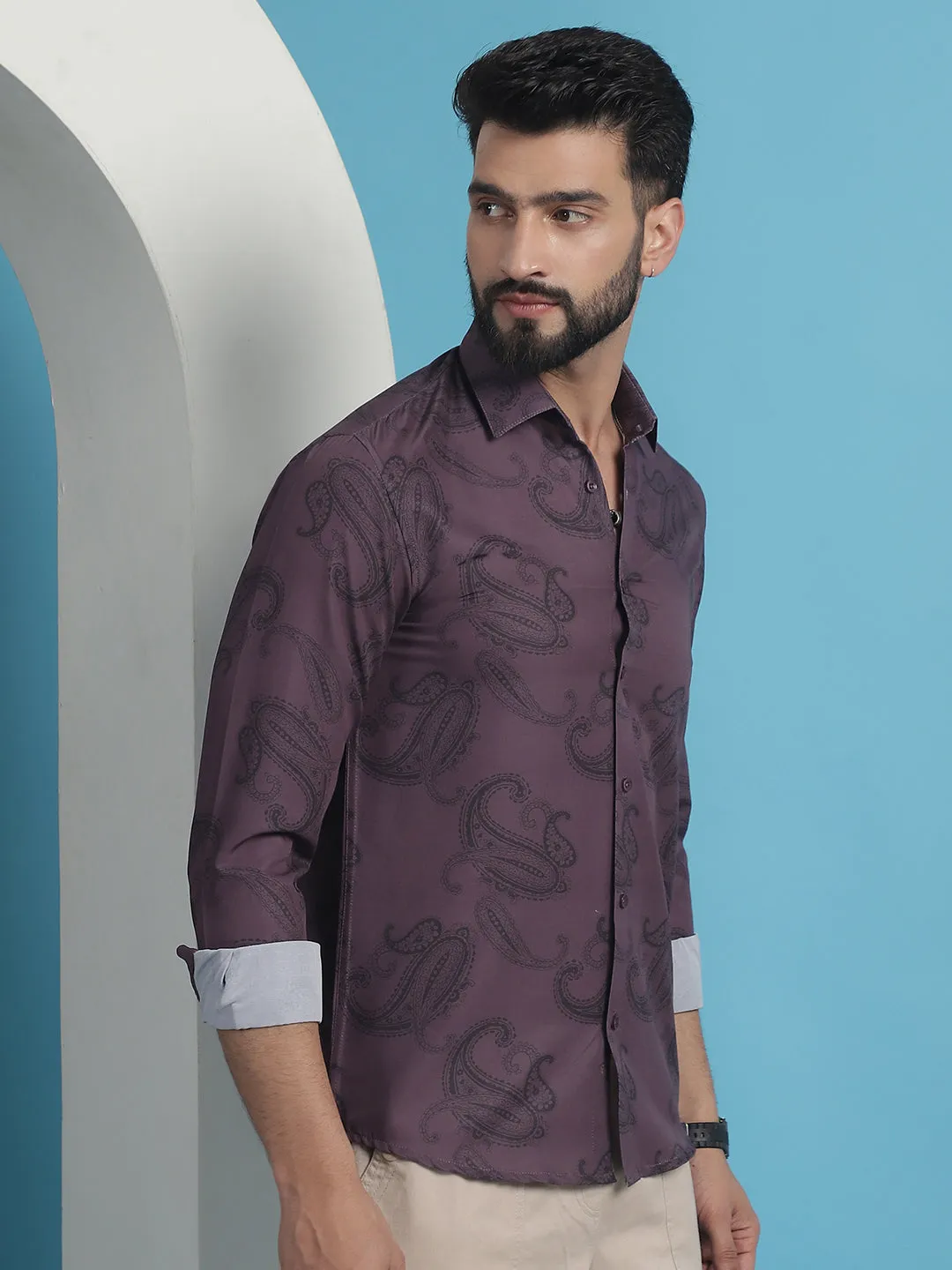 Purple Floral Printed Cotton Casual Shirt