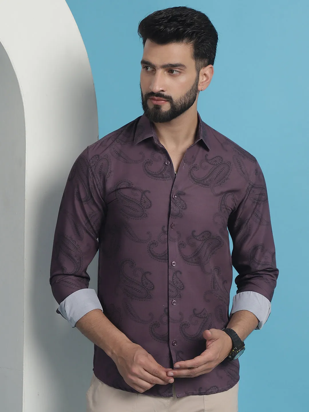 Purple Floral Printed Cotton Casual Shirt