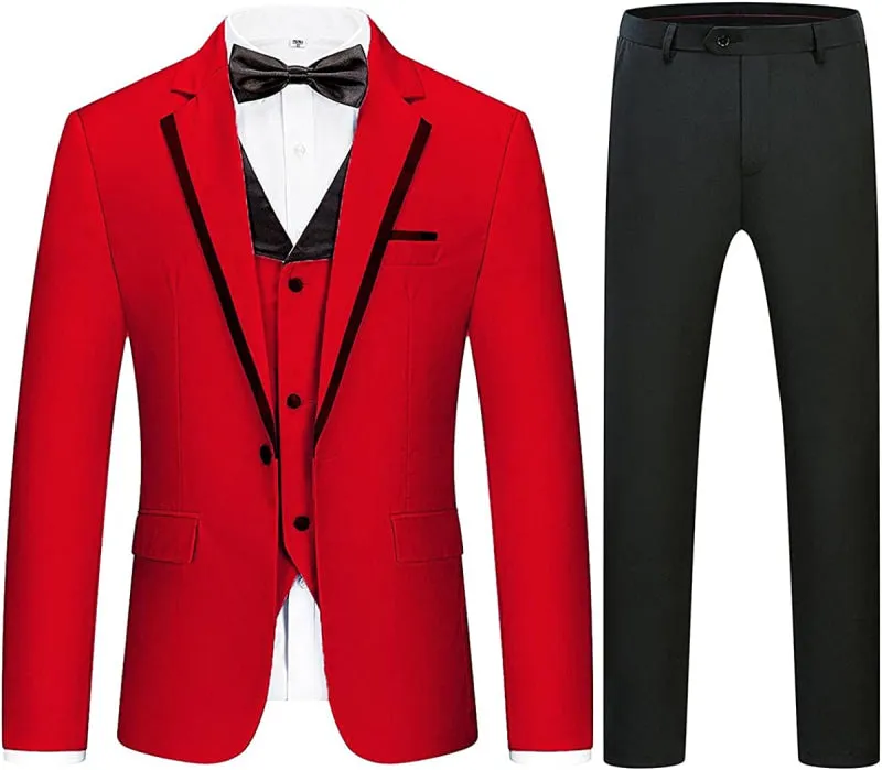 Red Notched Lapel Three Pieces Men Prom Suits