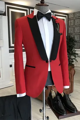 Red Peaked Lapel Two Pieces Slim Fit Men Prom Suits with Bow