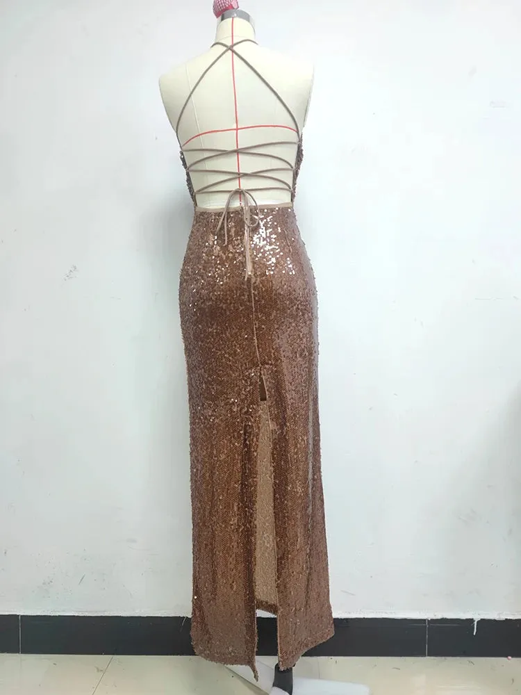 Sequined Sleeveless Backless Lace-up Long Dress