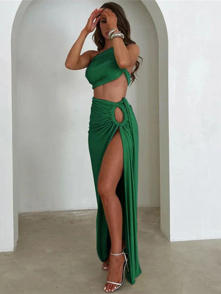 Sexy Party Skew Crop Top Fit Split Half Bodycon Summer 2 Piece Dress