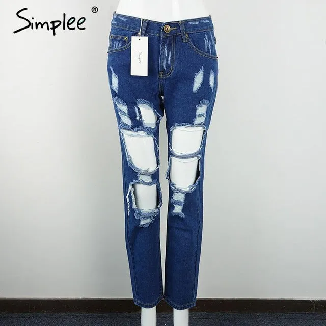 Simplee Apparel Boyfriend hole ripped jeans women pants Cool denim vintage straight jeans for girl Mid waist casual pants female