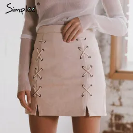 Simplee Autumn lace up leather suede pencil skirt Winter 2017 cross high waist skirt Zipper split bodycon short skirts womens