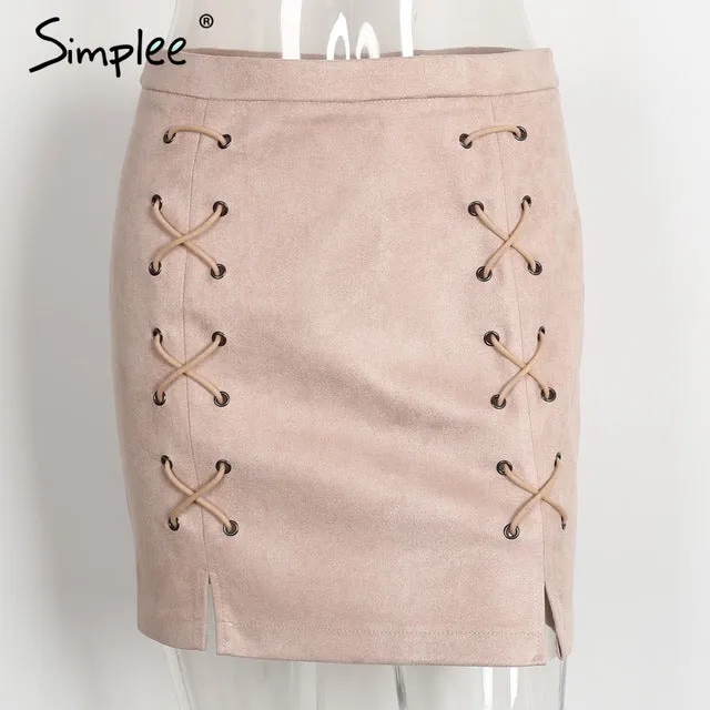 Simplee Autumn lace up leather suede pencil skirt Winter 2017 cross high waist skirt Zipper split bodycon short skirts womens