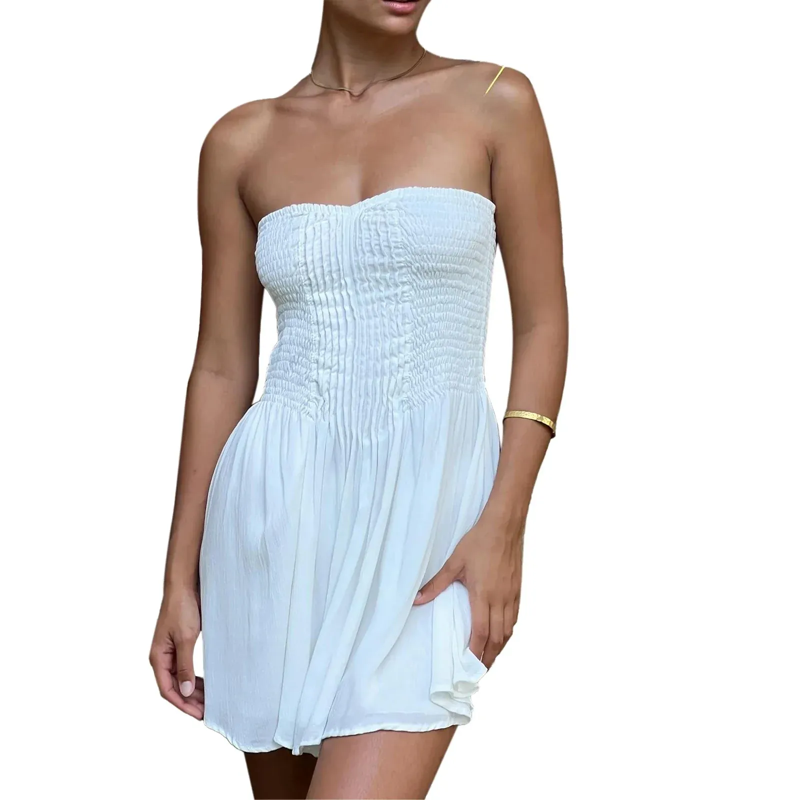 Sleeveless Spaghetti Strap Solid Color Smocked A-Line Swing Summer Mini Dress