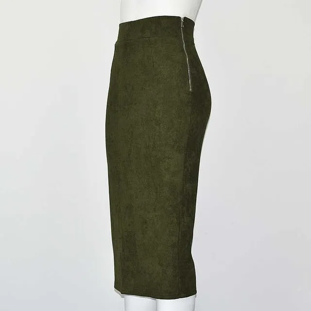 SMOVES Womens 90`s Vintage High Waist Solid Suede Midi Skirt Back Split New Autumn Winter Thick Stretchy Pencil Skirts GS132