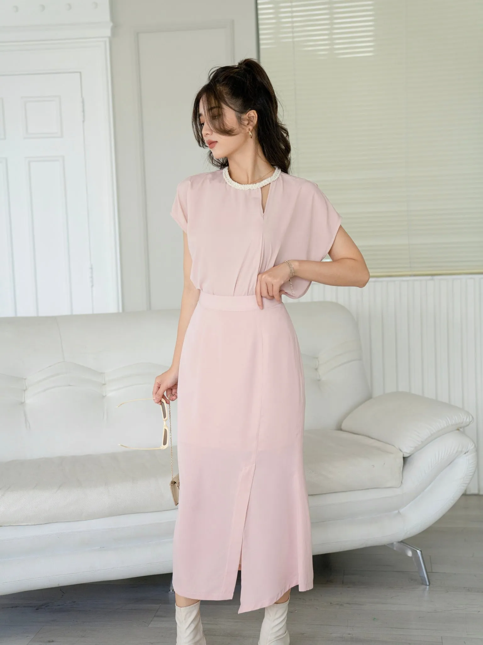 Split Pink Midi Dress - Gu Fashion | Vietnam Fashion Style