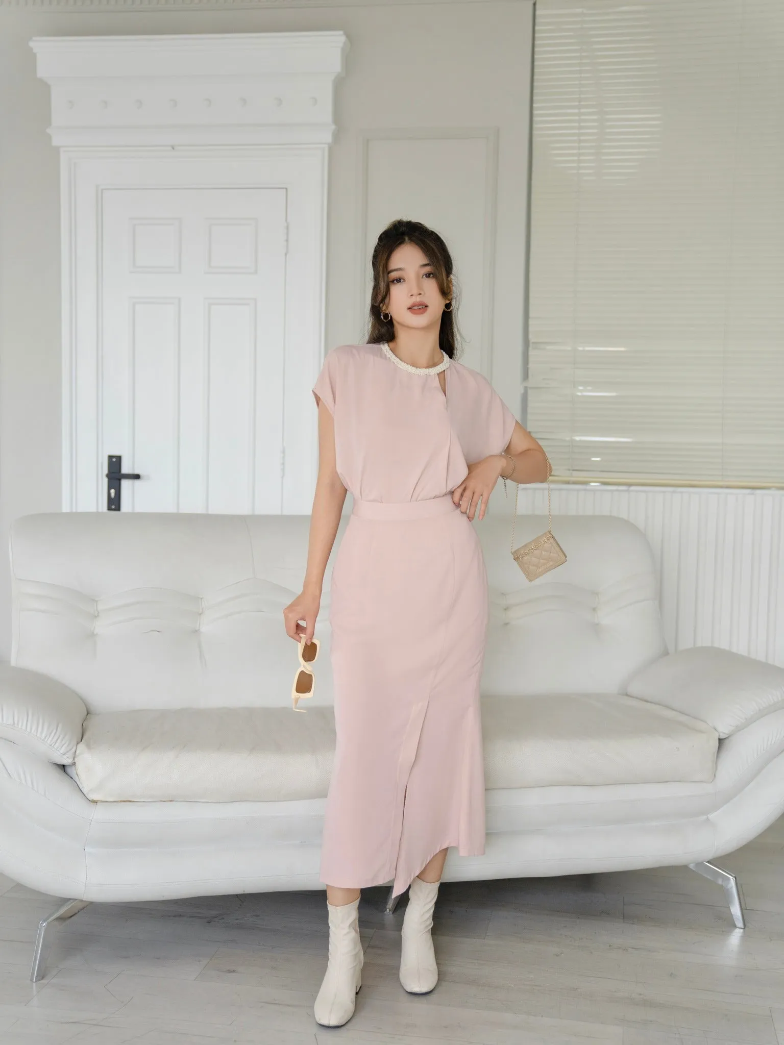 Split Pink Midi Dress - Gu Fashion | Vietnam Fashion Style