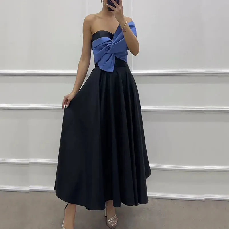 Strapless Contrasting Color Slim Elegant Off Shoulder Pleated Party Summer Patchwork Dress