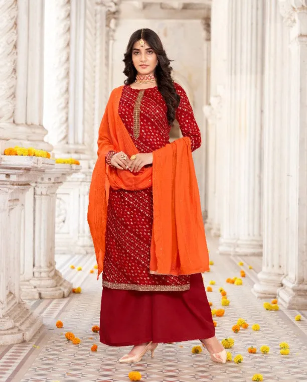 Unstitched Red Foil Print With Kasab Embroidery Palazzo Style Suit